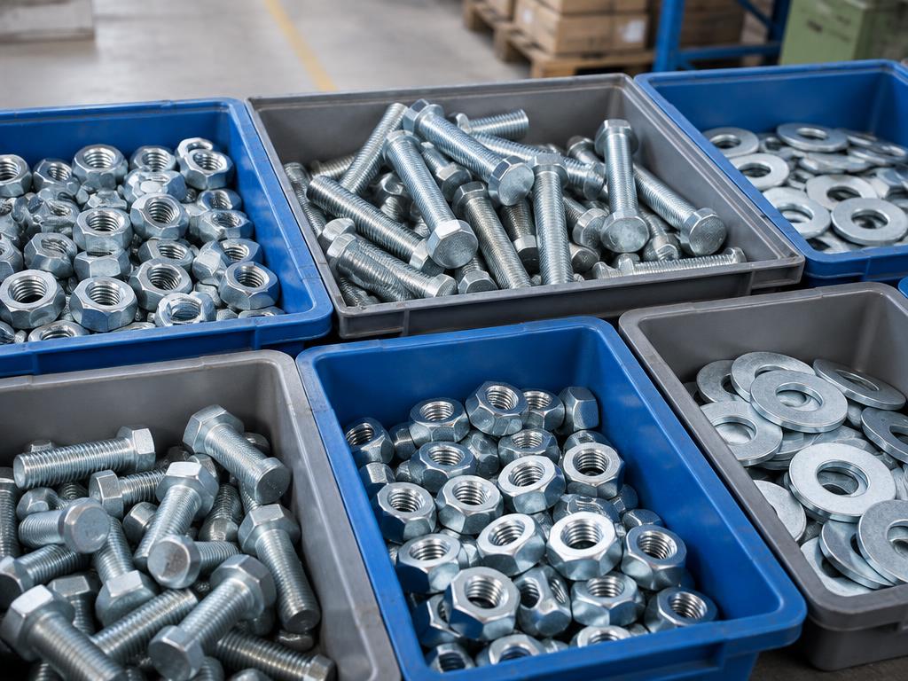 Steel nuts, threaded bolts and washers in sorting bins