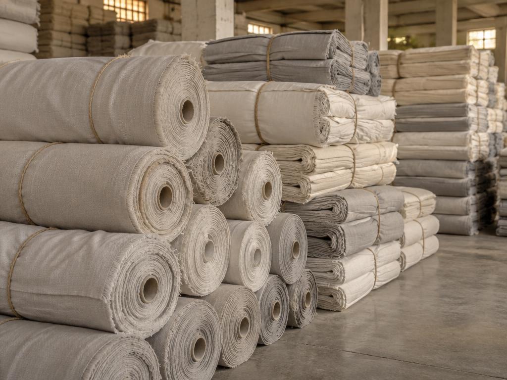 Rolls and twine-tied bales of unbleached grey cotton fabric stacked in a warehouse