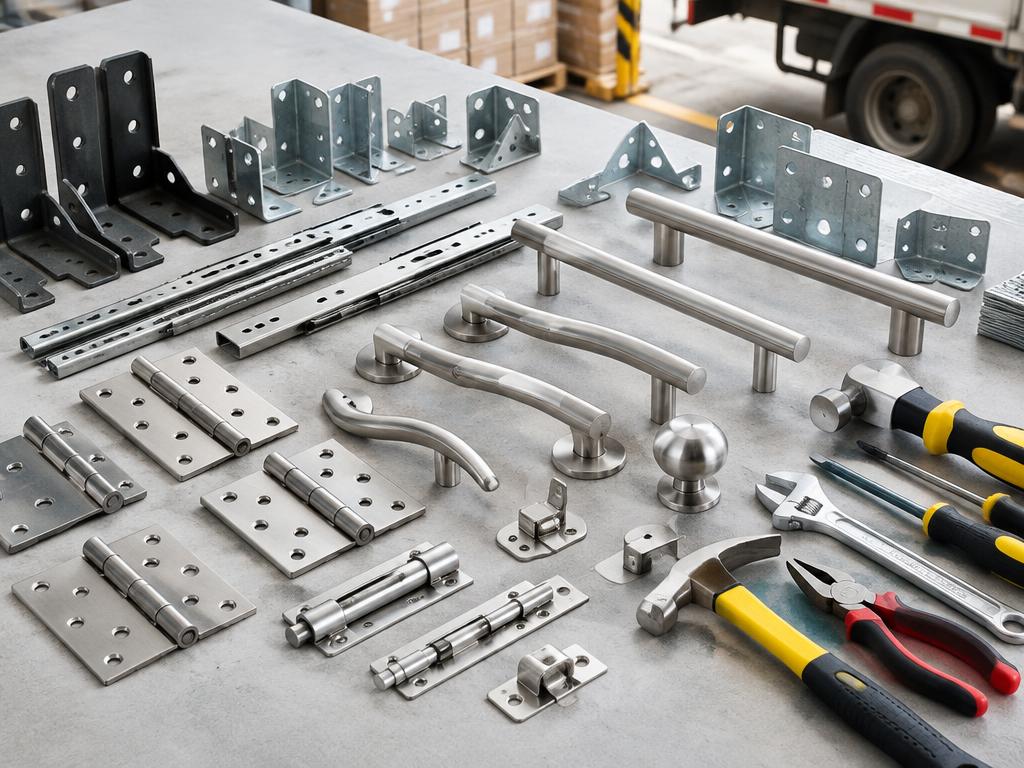 Metal hinges, brackets, handles and hand tools