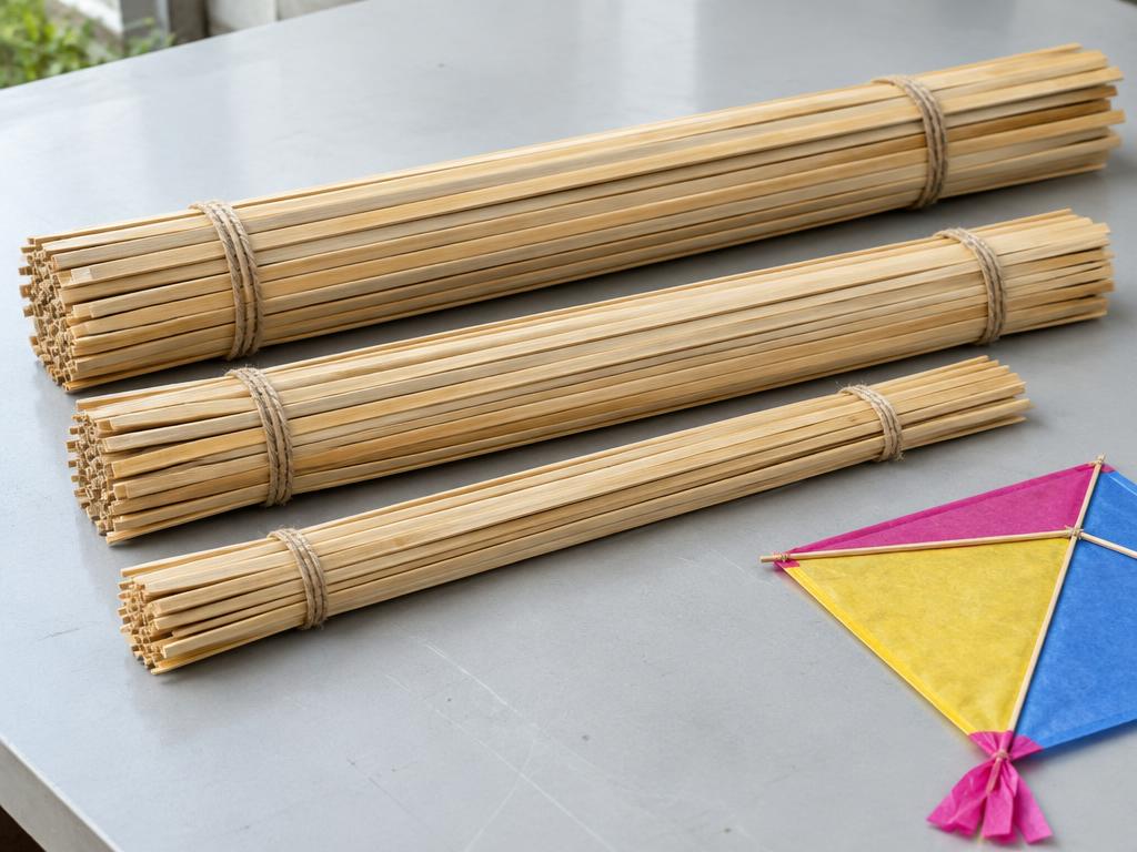 Bundles of slender bamboo kite sticks beside a paper kite