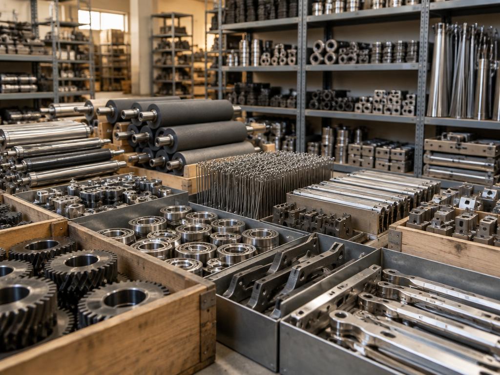 Steel loom spares such as gears, bearings, rollers and heald wires sorted in bins and crates