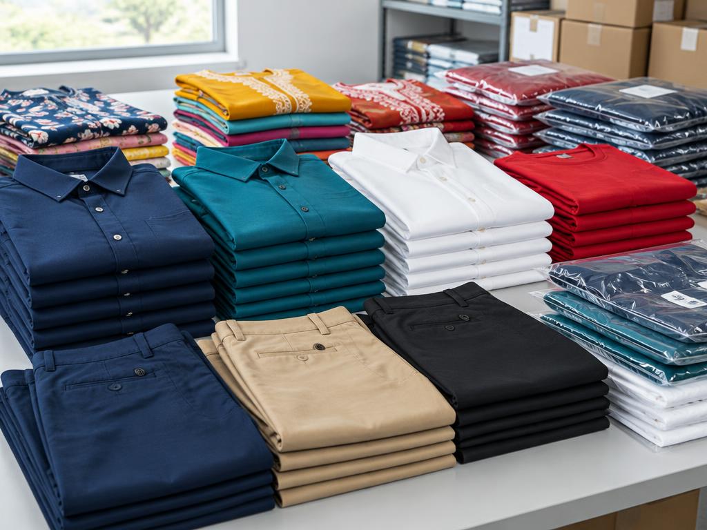 Folded shirts, trousers and packaged finished garments