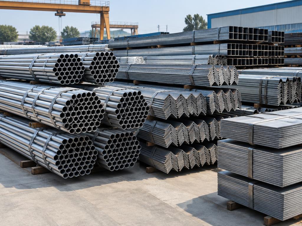 Neatly bundled steel tubes, angles and flat sections
