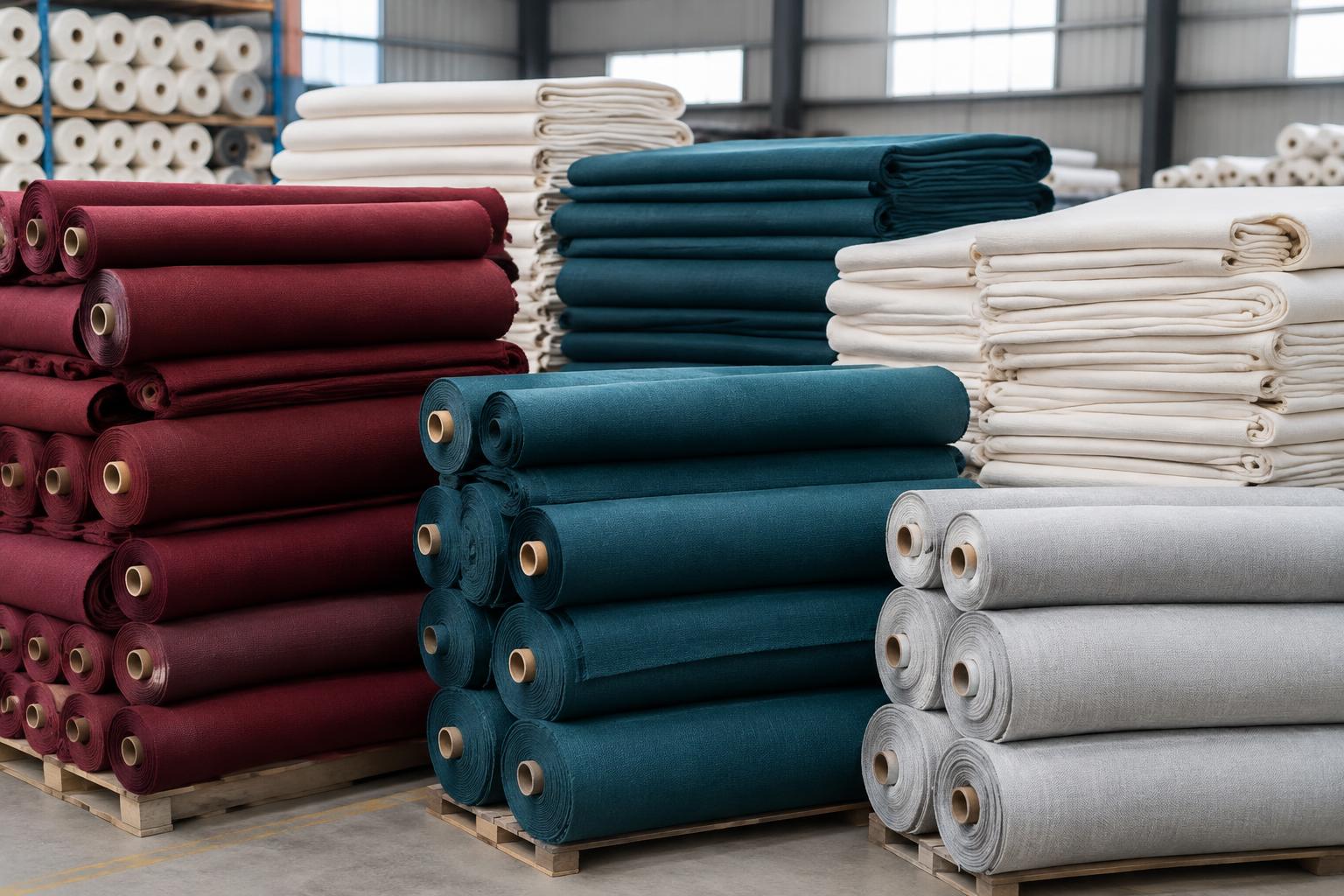 Stacks of woven textile rolls and folded fabric
